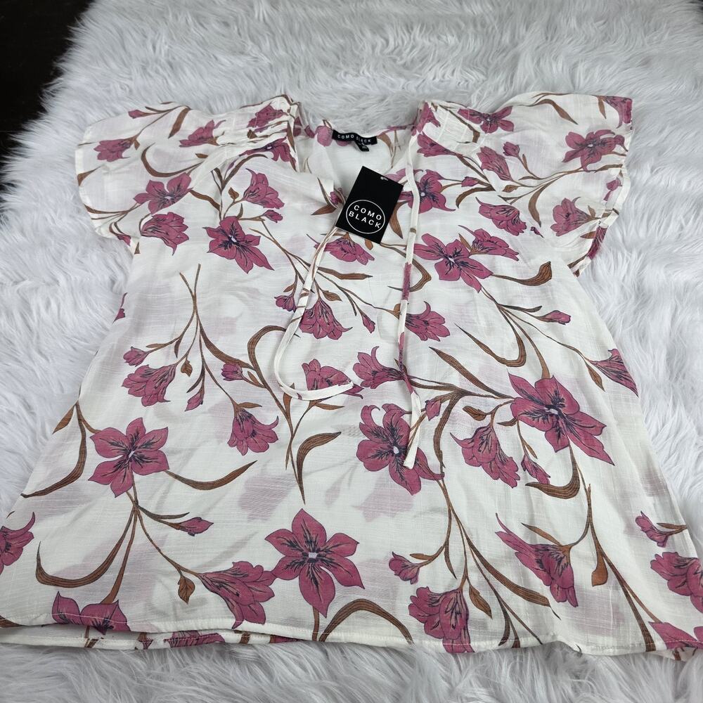 Como Black Medium Pink And White Floral Short Flutter Sleeve Blouse New With Tag
